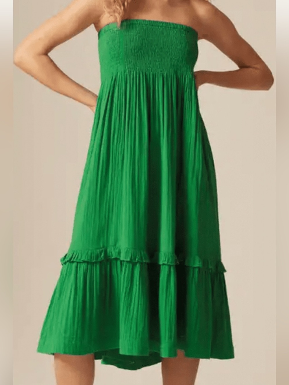ME+EM Strapless Island Green Smocked Midi Dress